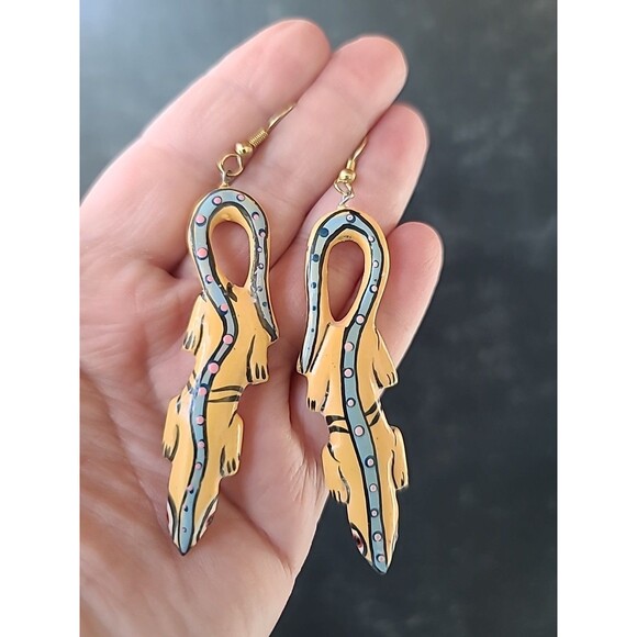 Painted Wooden Dangling Salamander Earrings Vintage Costume Jewelry NOS - Picture 3 of 10